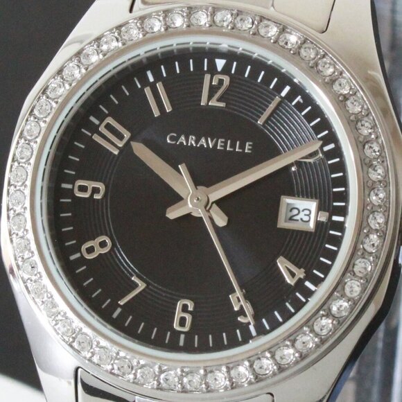 Caravelle Ladies Dress Watch By Bulova Black Sunray Dial 48 Crystal Bezel 28mm - Picture 12 of 12